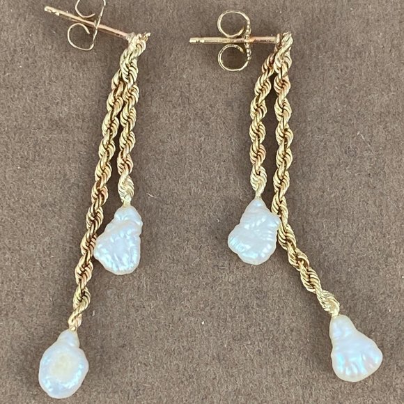 Vintage 14K Gold 1.5 MM Rope Chain Earrings 2 Strands with 3x4MM Rice Pearls - Picture 2 of 6